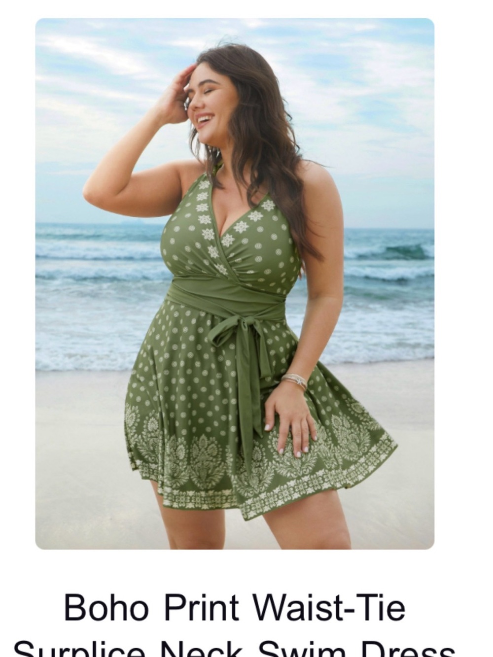 BloomChic Olive Green Boho Waist-Tie Surplice One-Piece Swim Dress